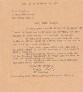 Letter from Heitor Villa-Lobos to Ellen Ballon
