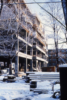 Photograph of construction of the Tupper Building, snow covered