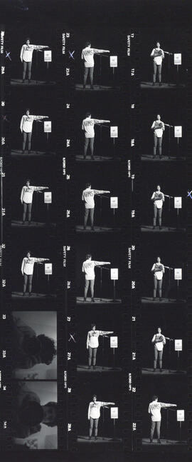 Contact sheet of photographs of Cathy Quinn's performance at the 1985 Arts and Culture Assembly