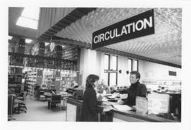 Photograph of the W.K. Kellogg Library circulation desk