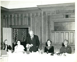 Photograph of Thomas Head Raddall speaking at a dinner in his honour given by the officers of the...