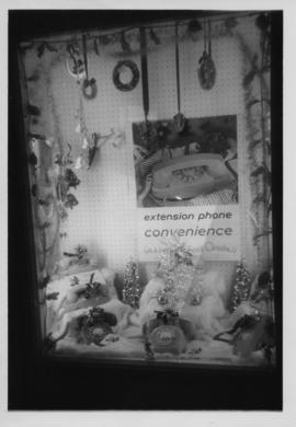 Photograph of Truro office display window promoting extension phones for Christmas