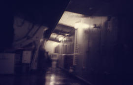 Photograph of a ship's alleyway at night near Newfoundland and Labrador