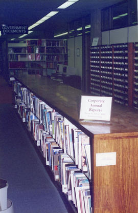 Photograph of the corporate annual reports collection held at the Killam Memorial Library, Dalhou...