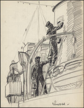 Charcoal and pencil sketch by Donald Cameron Mackay of sailors performing maintenance work on a C...