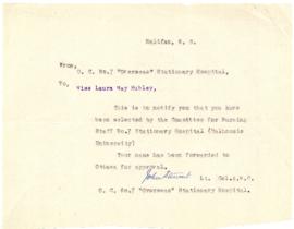 Letter from Lt. Col. John Stewart to Laura Hubley