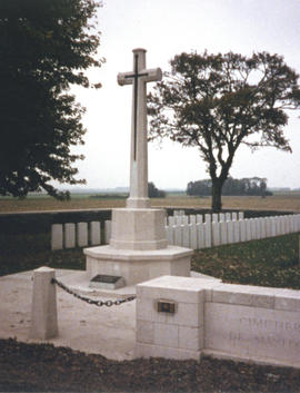 Photograph of the cross monument at the Manitoba Cemetery near Caix, France