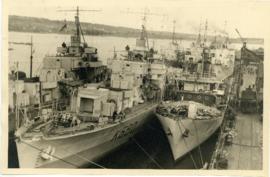 Photograph of three H.M.C.S. ships docked at Thompson Bros. Machinery Company Ltd. at Liverpool, ...