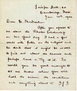 Correspondence from Gilbert Sutherland Stairs to Archibald MacMechan, January 10, 1904