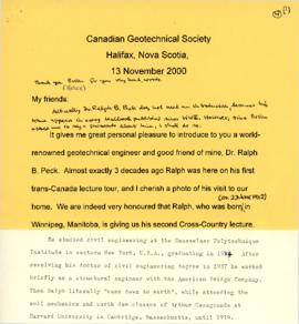 Introduction of Dr. Ralph B. Peck at a Lecture for the Canadian Geotechnical Society