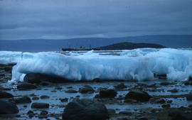 Photograph of ice floes and a ship in Frobisher Bay, Northwest Territories