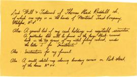Note on envelope containing Thomas Head Raddall's Last Will and Testament