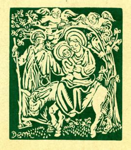Printed Christmas card in yellow and green, depicting Joseph, Mary, Jesus, a donkey and two angel...