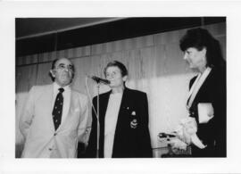 Photograph of Professor Anatoli Kolodkin, Elisabeth Mann Borgese, and Mrs. Busha