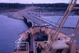 Photograph of a ship docked at a wharf in Goose Bay, Newfoundland and Labrador