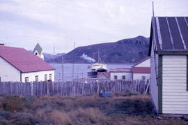 Photograph of the Hopedale coming into the harbour in Nain, Newfoundland and Labrador