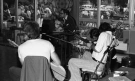 Photograph of a band at a CBC radio broadcast on the ground floor of the Student Union Building