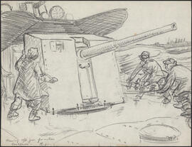 Charcoal and pencil drawing by Donald Cameron Mackay of sailors performing maintenance work on th...