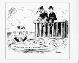 Photograph and a photographic negative of a Bob Chambers cartoon regarding property taxation