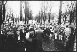 Photograph of protesters listening to speakers in Victoria Park during an anti-Vietnam War march