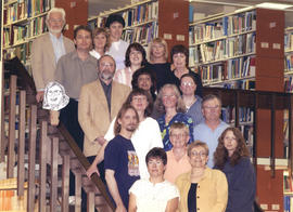 Photograph of the W.K. Kellogg Library staff of 2004, group photograph on staircase