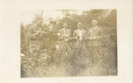 Postcard with a photograph of five unidentified people at a Dalhousie reunion