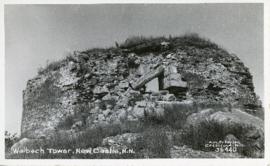 Photograph of the Walbach Tower ruins in New Castle, New Hampshire printed on a postcard