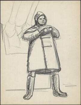 Charcoal and pencil drawing by Donald Cameron Mackay of a sailor wearing cold weather gear holdin...