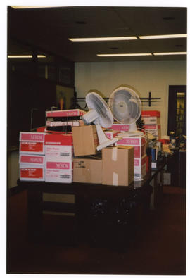 Photograph of items packed in preparation for the Killam Library reference office renovation