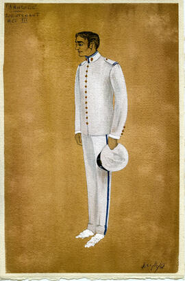 Watercolour costume design featuring a man in military uniform