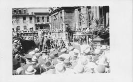 Postcard with a photograph of a ceremony on the front steps on Halifax city hall