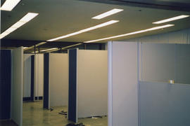 Photograph of workspace dividers going up during the 2001 renovation of the Killam Library refere...