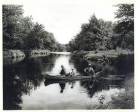 Photograph of three men fishing from a canoe on Mersey River at or near Jacques Landing, above Ke...