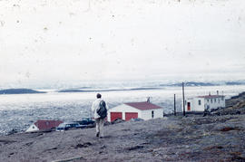 Photograph of Barbara Hinds walking toward houses in Frobisher Bay, Northwest Territories