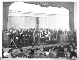 Photograph of the stage at the opening ceremony of the Sir James Dunn Building