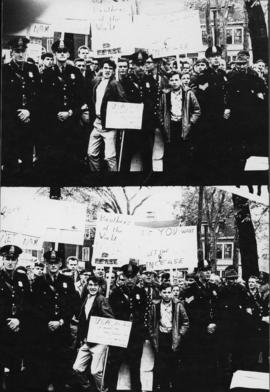 Photograph of pro-war demonstrators contained by police officers in Victoria Park at the end of a...