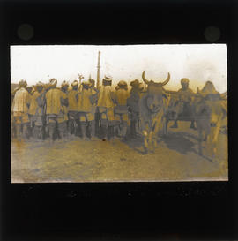 Photograph of unidentified soldiers and an ox drawn cart
