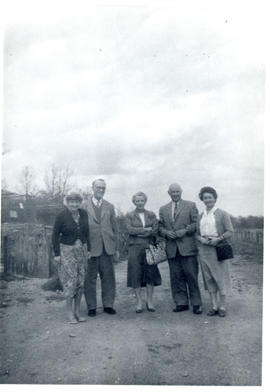 Photograph of Mrs. and Mr. Chestney, Edith and Thomas Head Raddall, and Maureen Beren outside the...