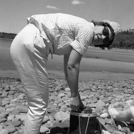 Photograph of an unidentified woman bending over a bag on a rocky shore