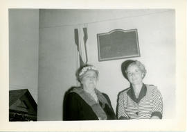 Photograph of Mrs. Harold Thompson and Edith Raddall with the Marshall Saunders memorial plaque i...