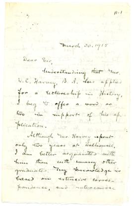 Letter of support for Dr. Daniel Cobb Harvey from Archibald McKellar MacMechan to Edwin Laftus