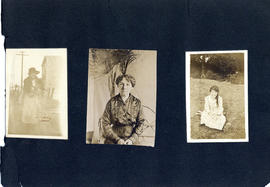Scrapbook page with three photographs and portraits of women