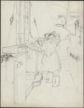 Charcoal and pencil sketch by Donald Cameron Mackay of activity aboard a naval vessel