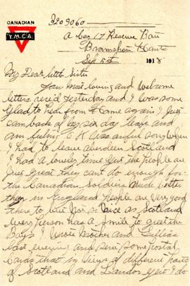 Letter from Weldon Morash to his sister Gertrude dated 5 September 1918