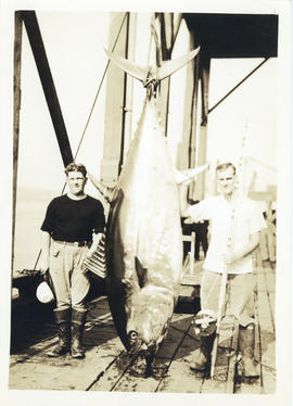 Photograph of Joe Penny and S. Kip Farrington with their tuna catch