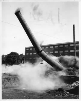 Photograph from the demolition of the heating plant chimney