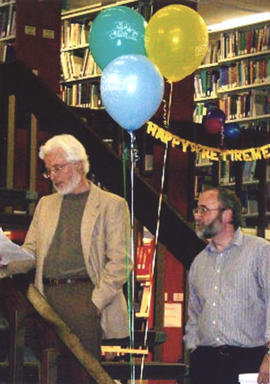 Photograph of of Tim Ruggles and Patrick Ellis at Betty Sutherland's retirement party