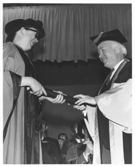 Photograph of Jean Margaret Laurence receiving an honorary degree