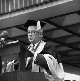 Photograph of Henry Hicks speaking at the Dalhousie medical centennial convocation ceremony