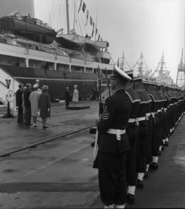 Photograph of naval cadets greeting the Queen Mother
